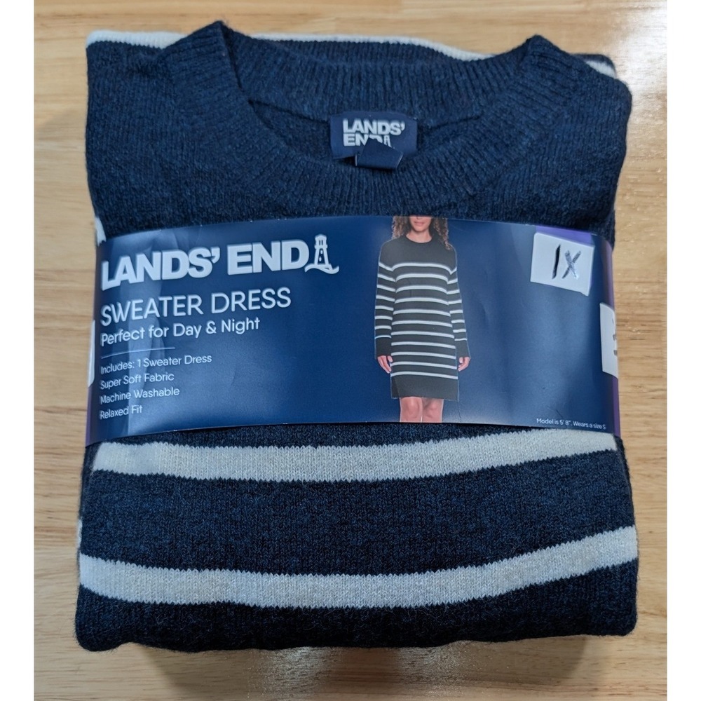 Lands End Womens 1X Sweater Dress Navy Blue White Striped‎ Plus Size 16W New
